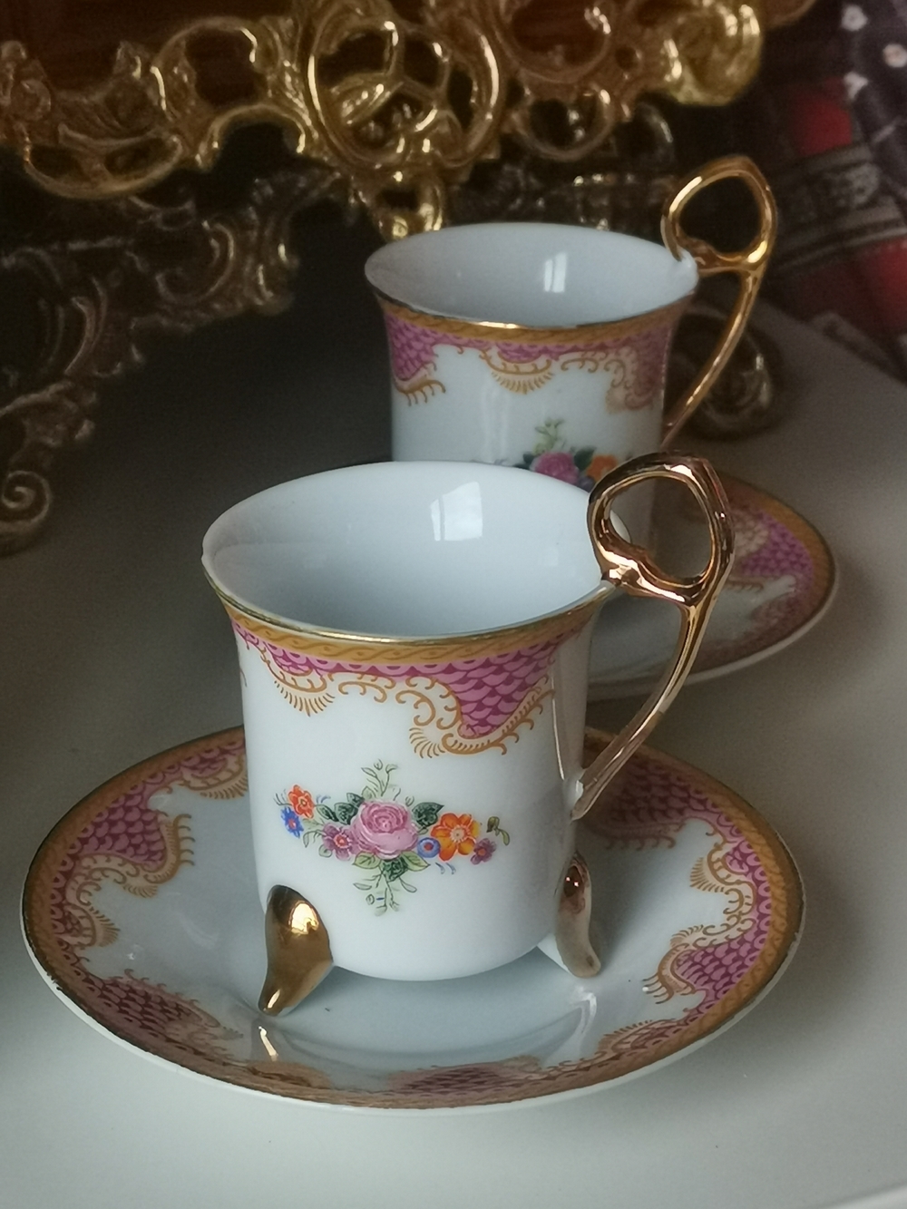 Limoges Porcelain Demitasse Cups and Saucers with Pink and Gold Accents
